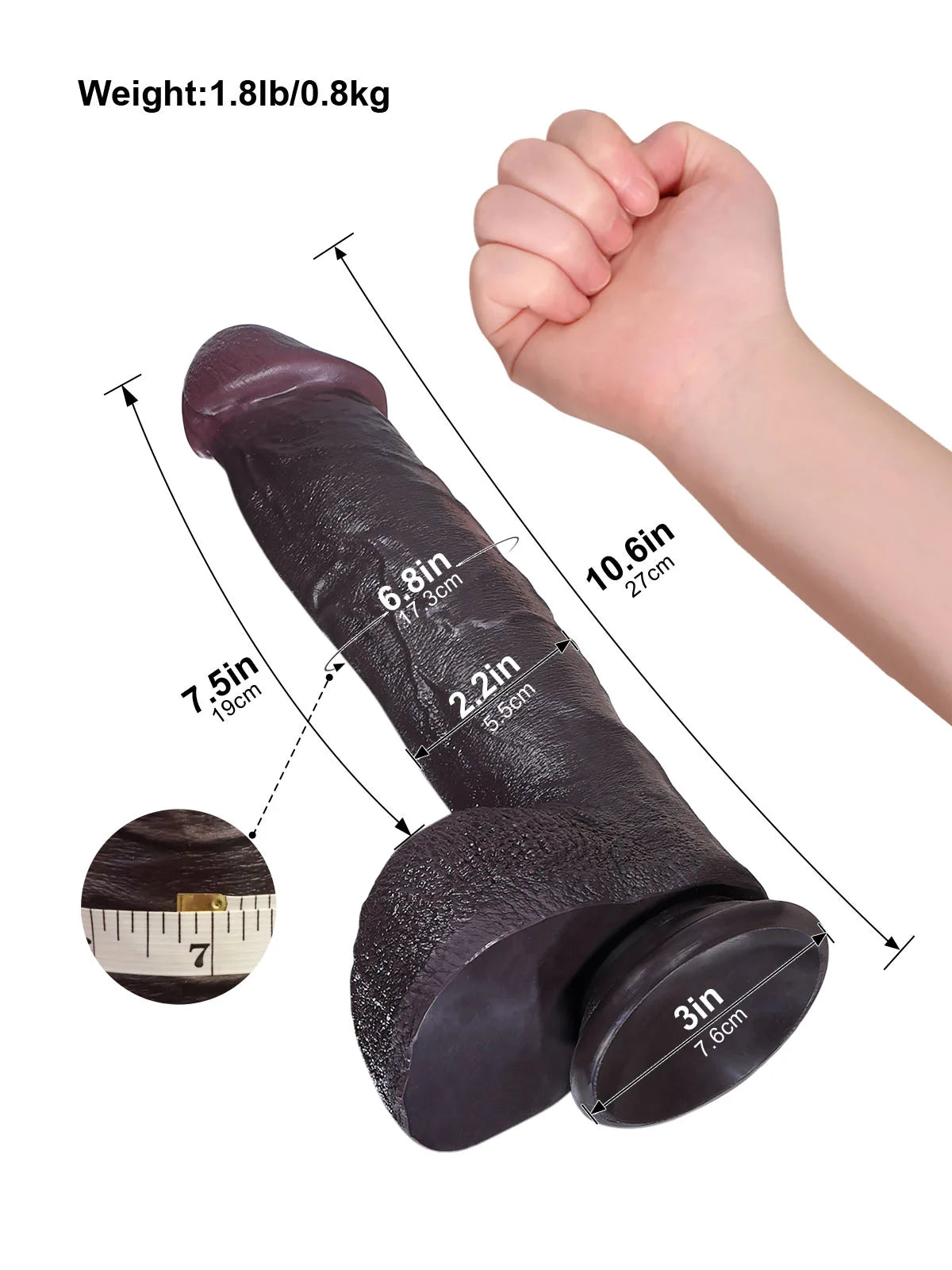 Elias Negro 27 cm Dildo Negro Vibrador con Empuje, Calor y Glande Ancho